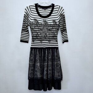 La El Couture Women's Cotton Blend Pleated Lace Sequin Striped Midi Dress Medium